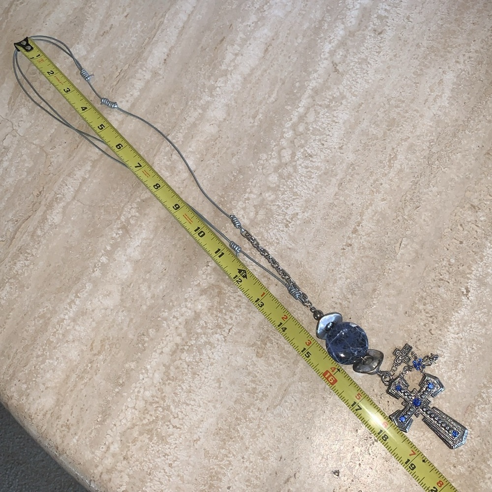 SILVER CROSS artisan Necklace, blue/silver beads, chain/long leather cord. EUC - Picture 9 of 12